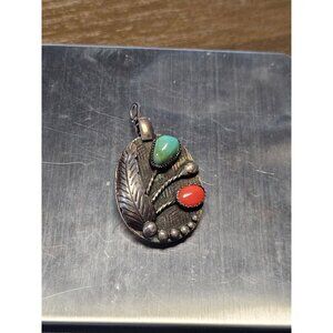 Native American Vintage Round Sterling Silver Turquoise Coral Pendant 13.47g